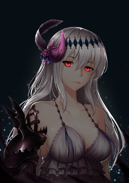 Anime picture 848x1200 with granblue fantasy jeanne d'arc (granblue fantasy) dark jeanne scal2let single long hair tall image looking at viewer fringe breasts simple background hair between eyes red eyes bare shoulders cleavage silver hair upper body black background makeup girl