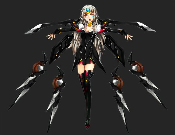 Anime picture 1850x1429 with elsword eve (elsword) fi-san single long hair fringe highres breasts open mouth simple background grey hair orange eyes girl boots thigh boots