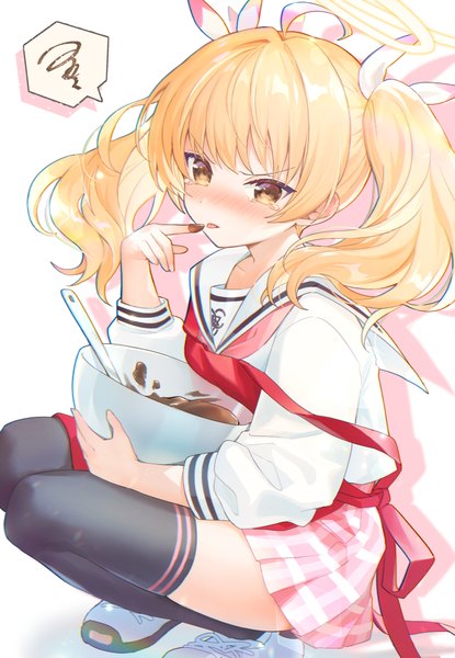 Anime picture 720x1042 with blue archive yoshimi (blue archive) sakuro single long hair tall image blush fringe simple background blonde hair white background twintails yellow eyes looking away ahoge shadow squat scribble girl thighhighs