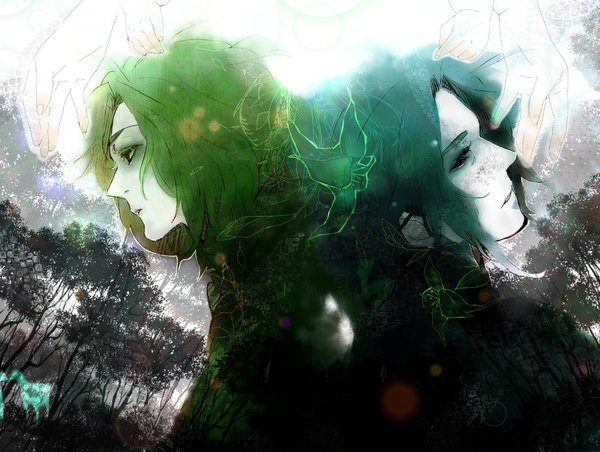 Anime picture 1336x1008 with harry potter severus snape natsuk short hair profile green hair black eyes aqua hair multiple boys back to back dual persona boy flower (flowers) plant (plants) animal tree (trees) 2 boys forest hands