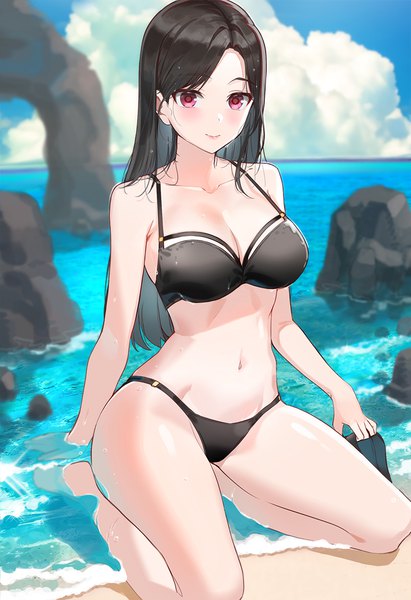 Anime picture 856x1250 with original kfr single long hair tall image looking at viewer blush fringe breasts light erotic black hair smile red eyes large breasts sitting sky cleavage cloud (clouds) full body outdoors