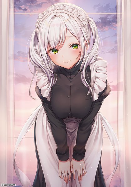 Anime picture 843x1200 with melonbooks komeshiro kasu single long hair tall image looking at viewer blush fringe breasts smile large breasts standing twintails green eyes payot sky silver hair cloud (clouds) indoors maid