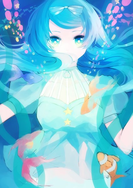 Anime picture 2894x4093 with original maayan single long hair tall image looking at viewer highres blue eyes blue hair underwater girl dress bow hair bow animal fish (fishes)
