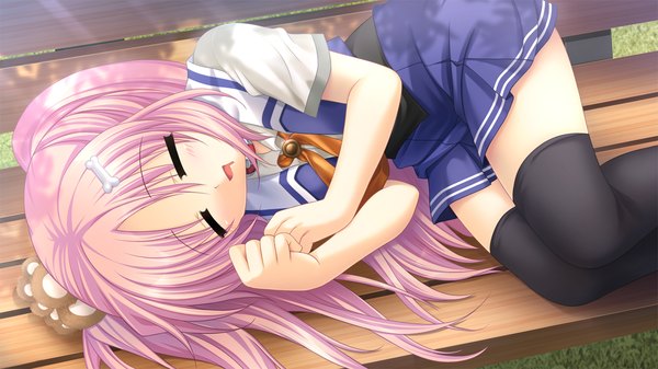 Anime picture 1280x720 with mashiro summer sonobe kaho ikura nagisa long hair wide image pink hair game cg lying eyes closed loli girl thighhighs uniform black thighhighs school uniform