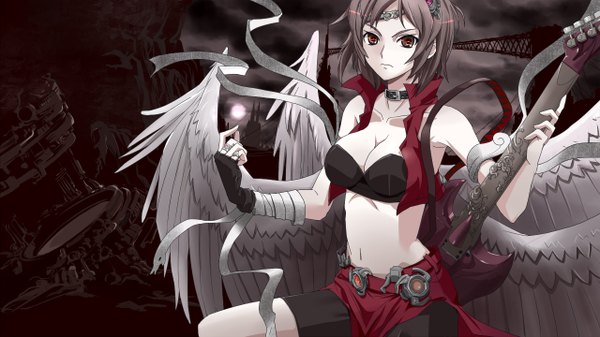 Anime picture 1280x720 with vocaloid meiko haya-g single short hair light erotic black hair red eyes wide image cleavage midriff girl navel ribbon (ribbons) wings collar bandage (bandages) musical instrument guitar