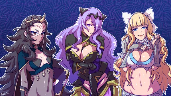 Anime picture 2800x1575 with fire emblem fire emblem fates nintendo camilla (fire emblem) charlotte (fire emblem) nyx (fire emblem if) akairiot long hair looking at viewer fringe highres breasts blue eyes light erotic black hair simple background blonde hair smile red eyes wide image