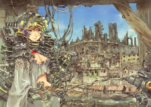 Anime picture 1200x848 with original humi (artist) sky cleavage midriff city river face paint mechanical girl cable machine