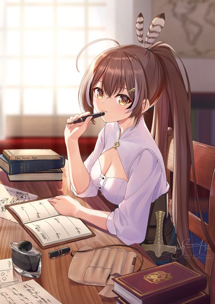 Anime picture 1062x1500 with virtual youtuber hololive hololive english nanashi mumei nanashi mumei (1st costume) skyrail (skynetrailgun) single long hair tall image looking at viewer fringe breasts hair between eyes brown hair sitting brown eyes signed cleavage ahoge ponytail