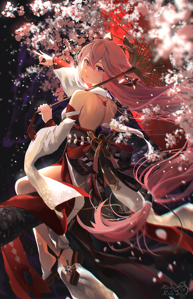 Anime picture 1650x2550 with genshin impact yae miko meltyrice single tall image fringe hair between eyes sitting purple eyes pink hair full body very long hair traditional clothes japanese clothes from behind cherry blossoms low ponytail nontraditional miko fox shadow puppet tree sitting
