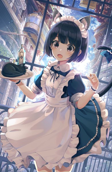 Anime picture 3000x4600 with original animal ears (artist) single tall image blush fringe highres short hair open mouth black hair smile standing holding brown eyes animal ears payot looking away sky cloud (clouds) indoors