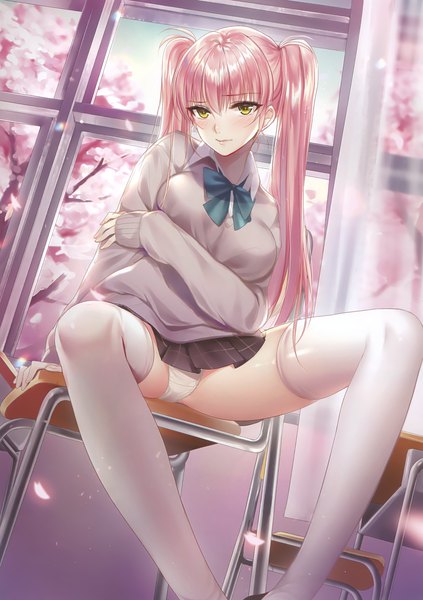 Anime picture 1831x2600 with original comic toranoana mallizmora single long hair tall image looking at viewer blush fringe highres breasts light erotic hair between eyes sitting twintails yellow eyes pink hair sky indoors scan