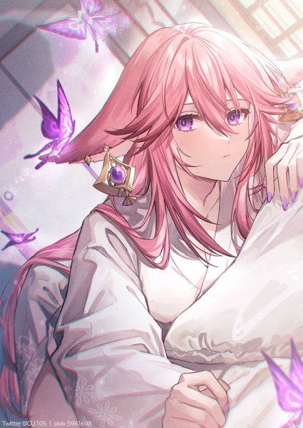 Anime picture 1003x1416 with genshin impact yae miko crystalfly (genshin impact) coyucom single long hair tall image looking at viewer fringe hair between eyes purple eyes signed animal ears pink hair indoors nail polish traditional clothes japanese clothes twitter username fox ears