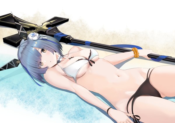 Anime picture 1771x1254 with azur lane gascogne (azur lane) gascogne (beach adaptive armor) (azur lane) schreibe shura single looking at viewer blush fringe highres short hair breasts light erotic hair between eyes bare shoulders blue hair lying bare belly on back grey eyes underboob