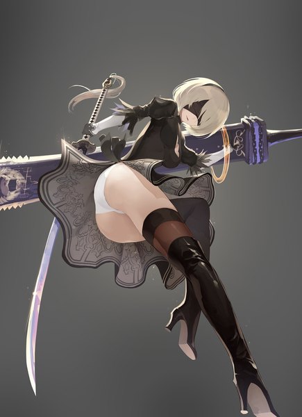 Anime picture 2175x3000 with nier nier:automata yorha no. 2 type b eis single tall image fringe highres short hair breasts light erotic simple background holding silver hair ass grey background from below high heels thighs blindfold