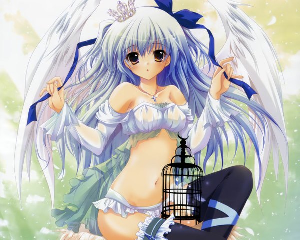 Anime picture 1280x1024 with izumi tsubasu light erotic blue hair thighhighs underwear panties ribbon (ribbons) wings