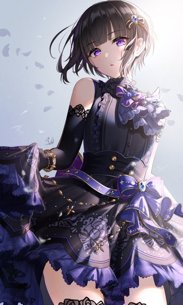 Anime picture 2200x3677 with idolmaster idolmaster cinderella girls idolmaster cinderella girls starlight stage shirayuki chiyo mairo (ilo) single tall image looking at viewer blush fringe highres short hair open mouth black hair simple background standing purple eyes signed blunt bangs from below