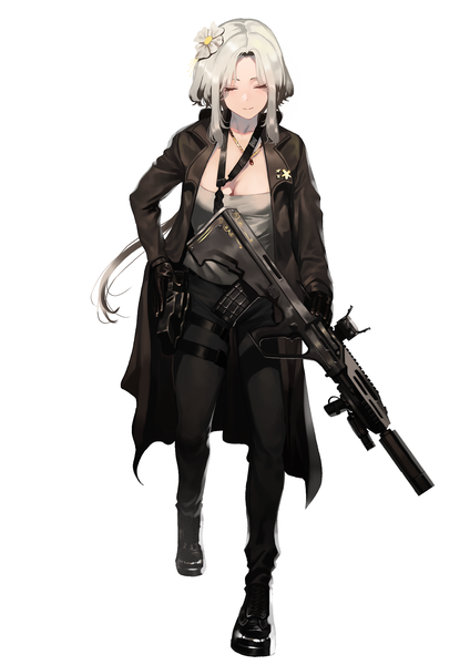 Anime picture 1280x1811 with girls frontline steyr aug (girls frontline) ihobus single long hair tall image fringe breasts simple background smile white background holding payot cleavage full body eyes closed long sleeves hair flower grey hair open clothes