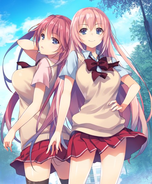 Anime picture 697x841 with youkoso jitsuryoku shijou shugi no kyoushitsu e sakura airi ichinose honami (youjitsu) yu yu long hair tall image looking at viewer fringe breasts open mouth blue eyes light erotic smile hair between eyes large breasts multiple girls pink hair sky outdoors pleated skirt