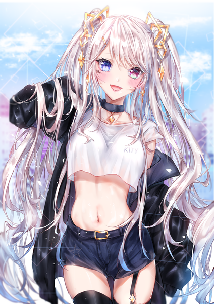 Anime picture 2480x3508 with original kity1211 tetsu single long hair tall image looking at viewer blush fringe highres breasts open mouth blue eyes smile hair between eyes standing twintails sky cloud (clouds) outdoors white hair