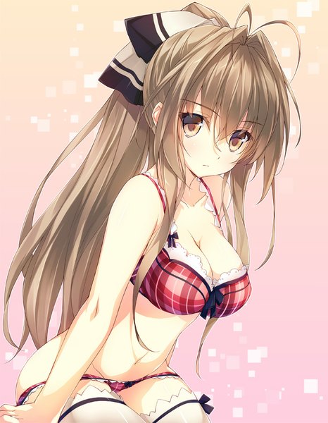 Anime picture 700x900 with amagi brilliant park kyoto animation sento isuzu amami mikihiro single long hair tall image looking at viewer fringe breasts light erotic brown hair large breasts brown eyes ahoge ponytail underwear only pink background panty pull girl