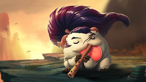 Anime picture 1920x1080 with league of legends poro (league of legends) meng rushen ji single long hair highres black hair wide image sky purple hair ponytail eyes closed wind eyebrows cosplay playing instrument tongue musical instrument fife