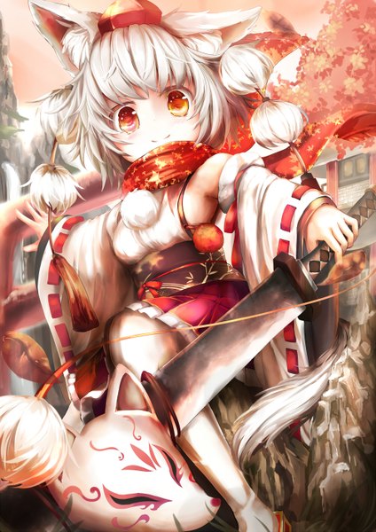 Anime picture 1000x1414 with touhou inubashiri momiji umagenzin single tall image looking at viewer short hair smile red eyes animal ears silver hair tail animal tail wide sleeves spread arms wolf ears wolf tail waterfall girl skirt
