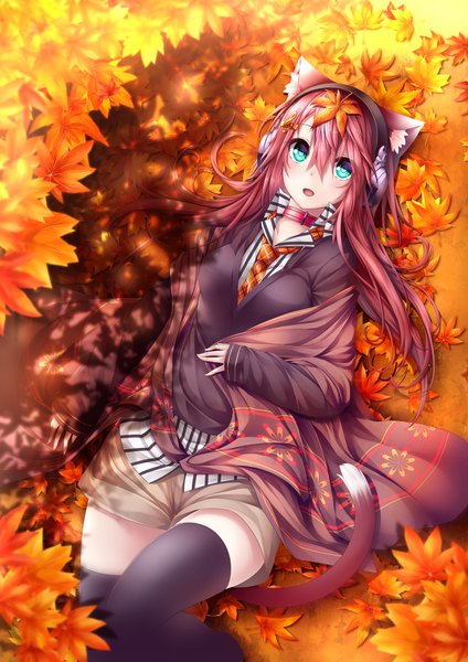 Anime picture 2894x4093 with original yonari phone neon chabaneko single long hair tall image looking at viewer blush fringe highres open mouth hair between eyes animal ears pink hair bent knee (knees) tail lying long sleeves :d animal tail