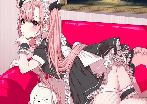 Anime picture 4093x2894 with original skskjogio2444 single long hair blush fringe highres light erotic looking away pink hair absurdres ahoge indoors blunt bangs pink eyes head rest girl thighhighs bow heart