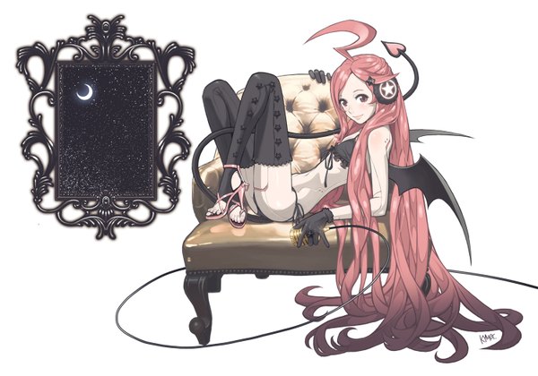 Anime picture 1500x1050 with vocaloid miki (vocaloid) kozaki yusuke long hair light erotic red eyes red hair tail flat chest bat wings crescent girl thighhighs gloves wings shoes headphones star (symbol) star (stars) microphone