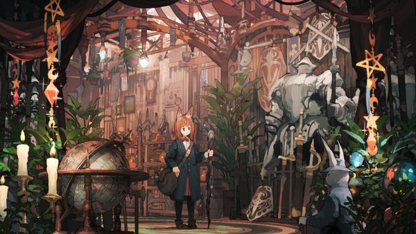 Anime-Bild 1920x1080 mit original jean popo fringe highres short hair blue eyes brown hair wide image standing sitting holding animal ears payot looking away indoors pleated skirt orange hair wallpaper fox ears fox girl