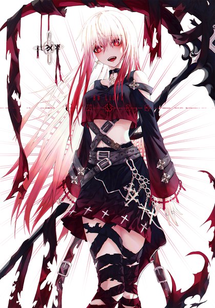 Anime-Bild 1400x2000 mit original andi 1021 single long hair tall image looking at viewer fringe open mouth simple background smile hair between eyes red eyes standing white background holding signed ahoge white hair red hair :d