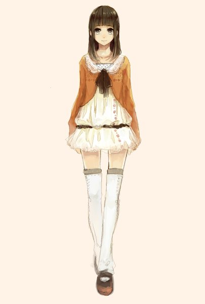 Anime picture 945x1398 with original shutane single tall image looking at viewer short hair simple background brown hair standing black eyes pink background girl thighhighs dress white thighhighs white dress short dress