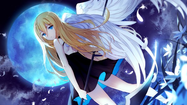 Anime picture 1920x1080 with satsuriku no tenshi ray (satsuriku no tenshi) bison cangshu single long hair looking at viewer fringe highres blue eyes hair between eyes wide image standing holding cloud (clouds) looking back from behind night dutch angle night sky glowing