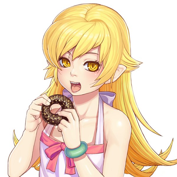 Anime picture 1000x1000 with bakemonogatari shaft (studio) monogatari (series) oshino shinobu gonster single long hair open mouth blonde hair white background yellow eyes teeth fang (fangs) girl food bracelet sundress doughnut