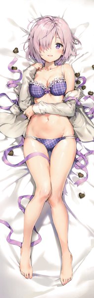 Anime picture 2310x7295 with fate (series) fate/grand order mash kyrielight anmi single tall image looking at viewer blush fringe highres short hair breasts open mouth light erotic smile large breasts purple eyes bare shoulders cleavage purple hair