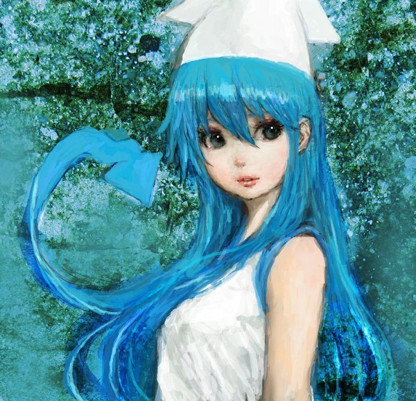 Anime picture 1035x1000 with shinryaku! ika musume ika musume pon00000 (pixiv) single long hair blue hair grey eyes sleeveless green background girl