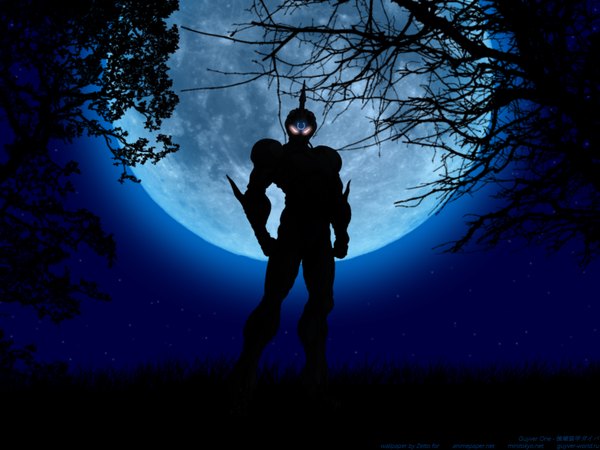 Anime picture 1600x1200 with guyver guyver i single looking at viewer standing outdoors horn (horns) night night sky silhouette weapon plant (plants) sword tree (trees) moon star (stars) grass full moon