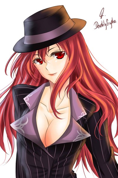 Anime picture 1200x1800 with league of legends miss fortune (league of legends) yasminc (artist) single long hair tall image looking at viewer breasts light erotic red eyes large breasts white background cleavage red hair girl hat