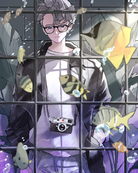 Anime picture 4000x5000 with original suzuki (atela lala) single tall image highres short hair standing purple eyes absurdres indoors grey hair looking down hand in pocket boy plant (plants) animal glasses bubble (bubbles) fish (fishes) camera