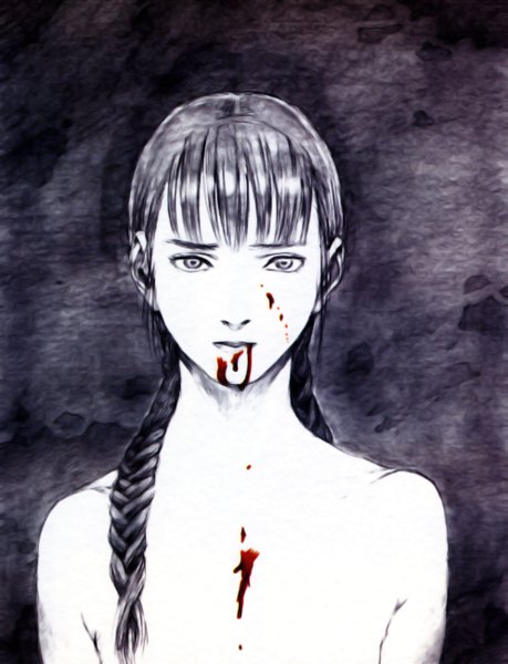 Anime picture 1989x2600 with blade of the immortal asano rin samura hiroaki single long hair tall image highres light erotic black hair bare shoulders braid (braids) no bra twin braids girl blood