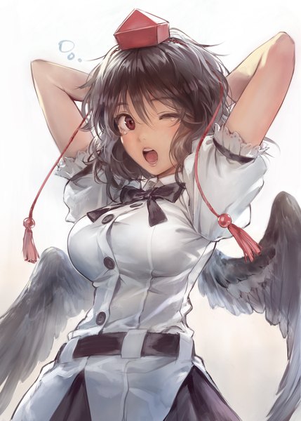 Anime picture 1072x1500 with touhou shameimaru aya matsuda (matsukichi) single tall image looking at viewer fringe short hair breasts open mouth black hair simple background hair between eyes red eyes large breasts white background one eye closed arms up short sleeves arms behind head