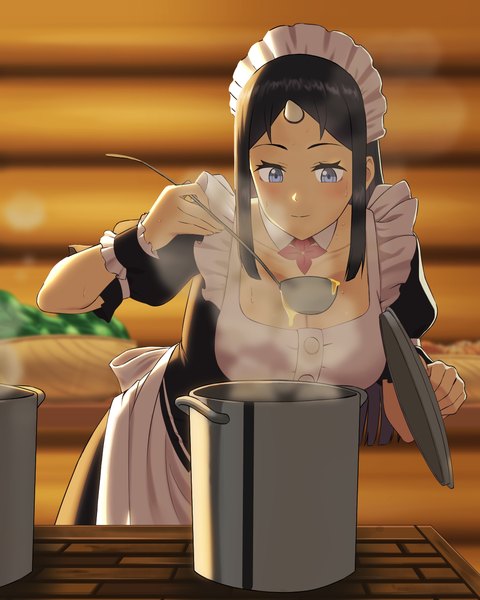 Anime picture 1024x1280 with isekai nonbiri nouka ann (isekai nonbiri nouka) pimm (chiramegd) single long hair tall image blush breasts blue eyes black hair smile standing holding indoors horn (horns) maid puffy sleeves looking down steam oni horns