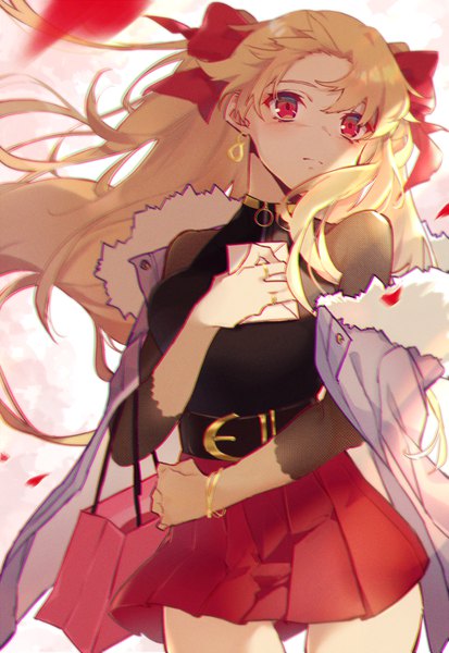 Anime picture 800x1161 with fate (series) fate/grand order ereshkigal (fate) fujikiri yana single long hair tall image blonde hair red eyes looking away pleated skirt wind two side up clothes on shoulders girl skirt earrings bracelet ring red skirt