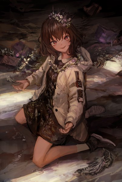 Anime picture 1200x1788 with lavender quartz torabishi lana lm7 (op-center) single tall image looking at viewer fringe short hair hair between eyes red eyes brown hair full body bent knee (knees) head tilt open jacket kneeling bad anatomy girl dress flower (flowers)