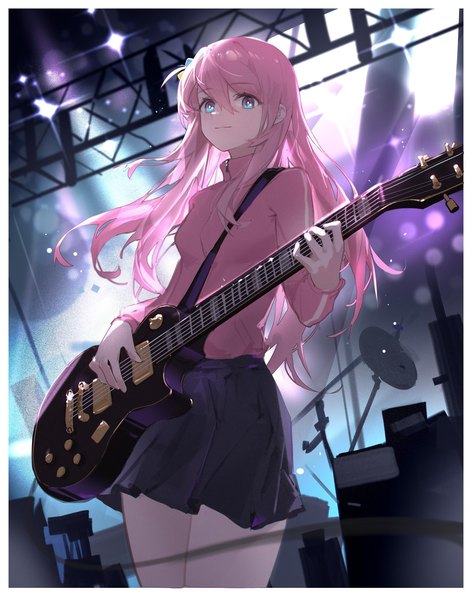 Anime picture 1749x2226 with bocchi the rock! cloverworks gotou hitori meinoss single long hair tall image looking at viewer fringe highres blue eyes smile hair between eyes pink hair from below one side up playing instrument girl skirt miniskirt