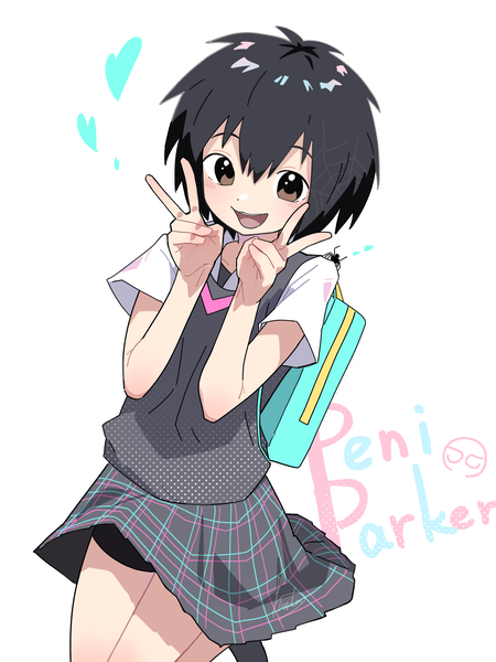 Anime picture 2048x2732 with spider-man (series) spider-man: into the spider-verse peni parker hanten (hantennano) single tall image fringe highres short hair open mouth black hair simple background hair between eyes white background brown eyes :d character names girl insect vest