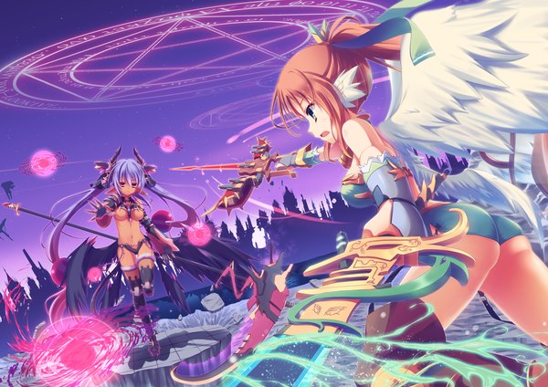 Anime picture 2338x1653 with original yuzu modoki long hair highres breasts open mouth blue eyes light erotic brown hair bare shoulders multiple girls brown eyes blue hair ponytail horn (horns) magic battle girl thighhighs weapon