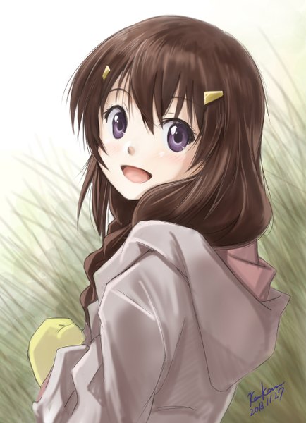 Anime picture 1000x1380 with non non biyori silver link kem kem single long hair tall image looking at viewer blush open mouth brown hair purple eyes signed girl hair ornament hairclip