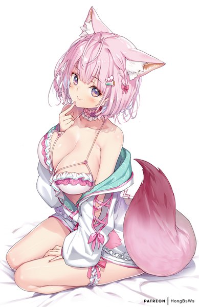 Anime picture 713x1100 with virtual youtuber hololive hakui koyori hakui koyori (3rd costume) hong (white spider) single tall image looking at viewer blush short hair breasts light erotic simple background smile large breasts white background sitting animal ears pink hair tail