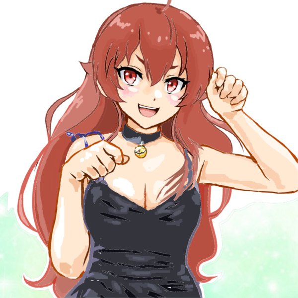 Anime picture 1160x1160 with mushoku tensei studio bind eris boreas greyrat kei e419 single long hair looking at viewer fringe breasts open mouth simple background smile hair between eyes red eyes standing bare shoulders cleavage upper body ahoge red hair